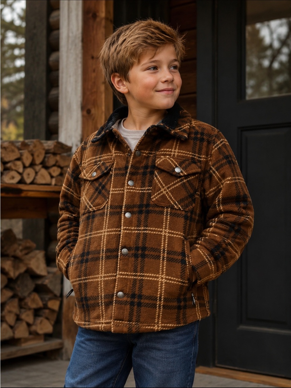 Weatherproof Kids Brown Plaid Sherpa-Lined Jean Jacket